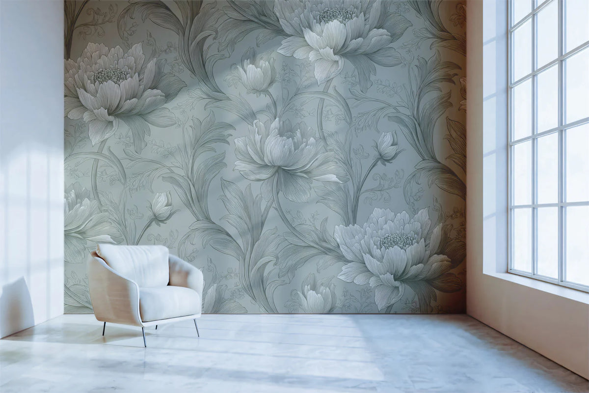 Classical Peony Mural Wallpaper — Sage Green Botanical Art Mural Wallpaper - room preview 02