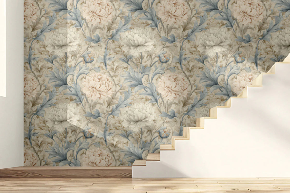 Victorian Peony Mural Wallpaper — Soft Blue and Cream Floral Mural Wallpaper - room preview 02