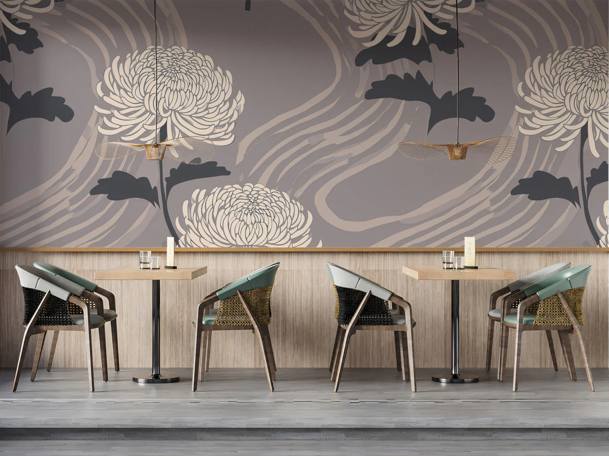 Minimalist Chrysanthemum Mural Wallpaper — Muted Floral Art Mural Wallpaper - room preview 02
