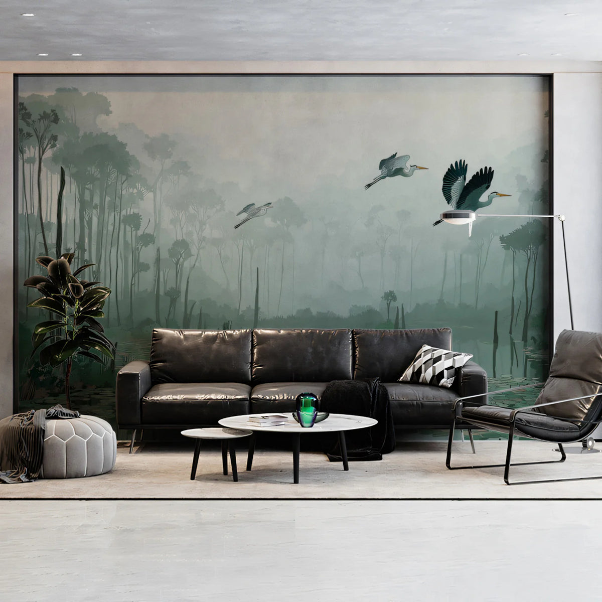 Misty Wetland Heron Mural Wallpaper — Calm Nature Illustration Mural Wallpaper - room preview 02
