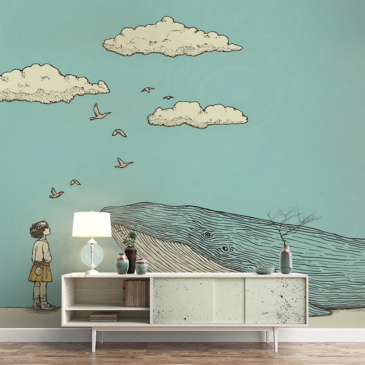 Blue Whale Storybook Mural Wallpaper — Hand-Drawn Sketch Illustration Mural Wallpaper - room preview 02
