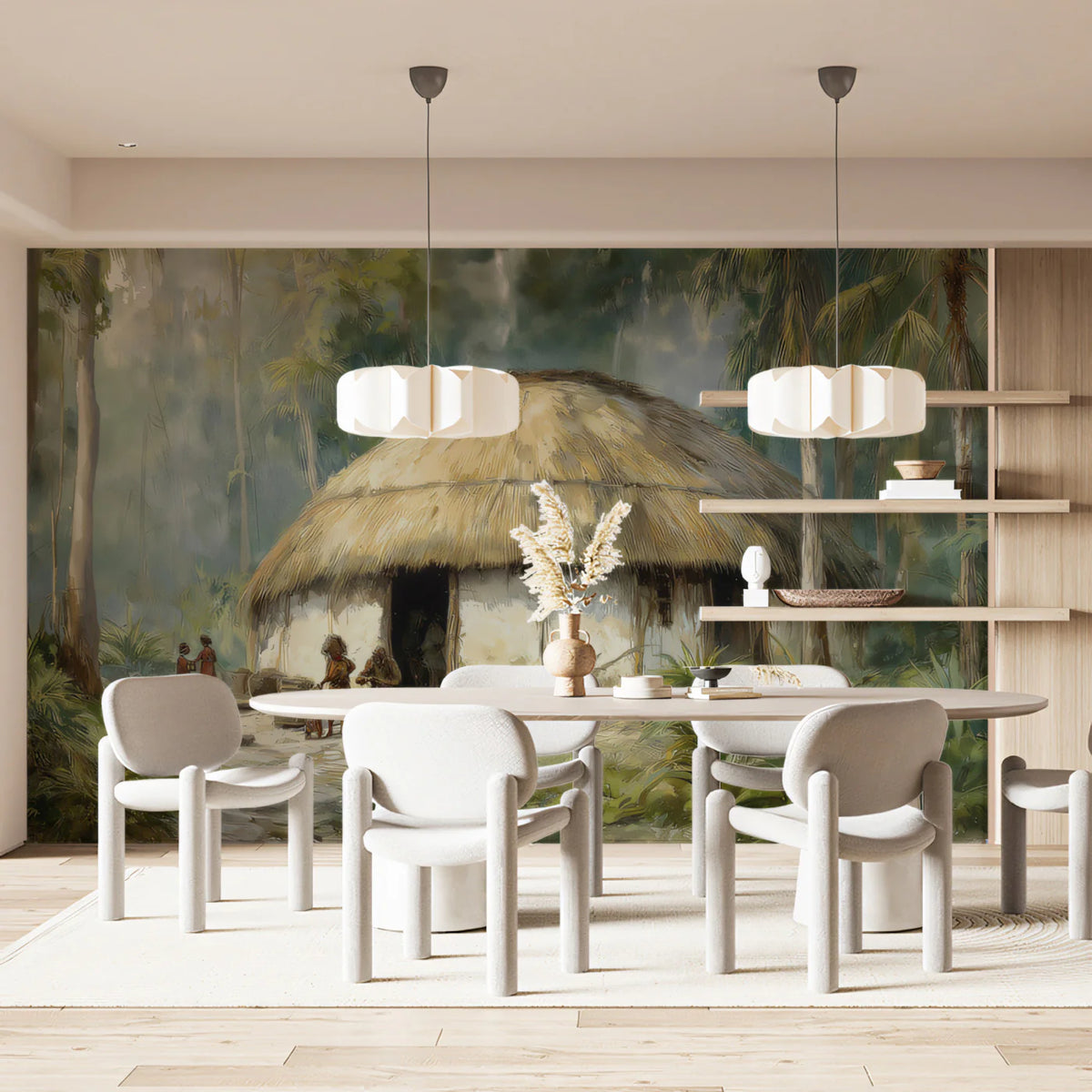 Jungle Hut Watercolor Mural Wallpaper — Artistic Cultural Scene Mural Wallpaper - room preview 02