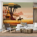 African Savanna Sunset Mural Wallpaper — Retro Illustration Mural Wallpaper - room preview 02