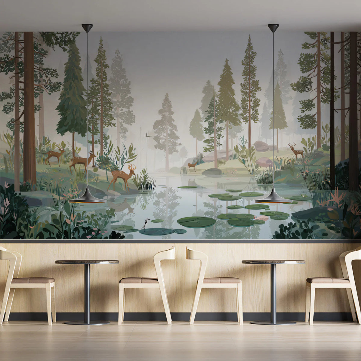 Misty Woodland Deer Mural Wallpaper — Earthy Forest Landscape Mural Wallpaper - room preview 02