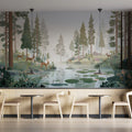 Misty Woodland Deer Mural Wallpaper — Earthy Forest Landscape Mural Wallpaper - room preview 02