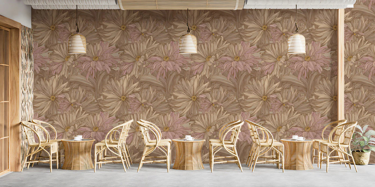 Vintage Chrysanthemum Mural Wallpaper — Warm Taupe and Blush Mural Wallpaper - room preview 02