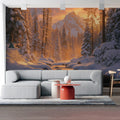 Snowy Mountain River Mural Wallpaper — Golden Sunset Winter Forest Mural Wallpaper - room preview 02