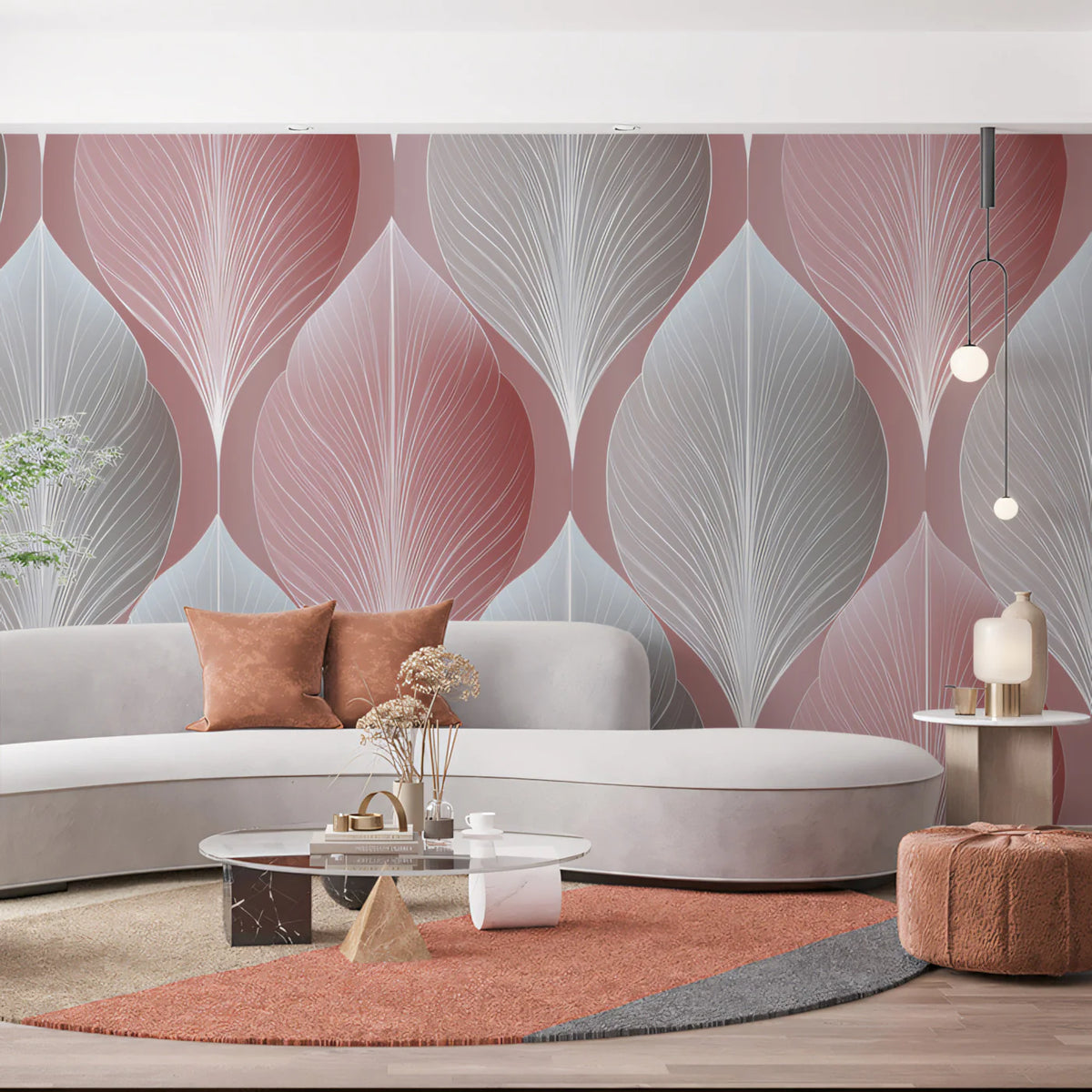 Stylized Leaf Mural Wallpaper — Dusty Rose and Silver Geometric Mural Wallpaper - room preview 02
