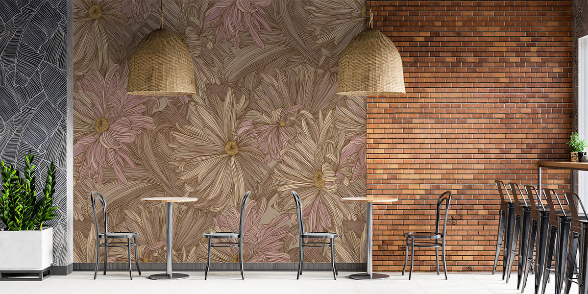 Muted Mauve Chrysanthemum Mural Wallpaper — Vintage Floral Sketch Mural Wallpaper - room preview 02