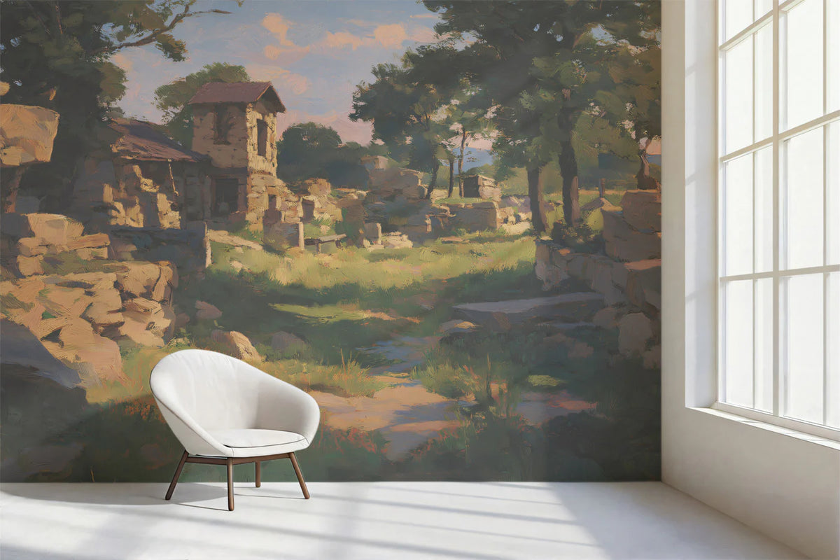 Pastoral Ruins Mural Wallpaper — Impressionist Landscape Design Mural Wallpaper - room preview 02