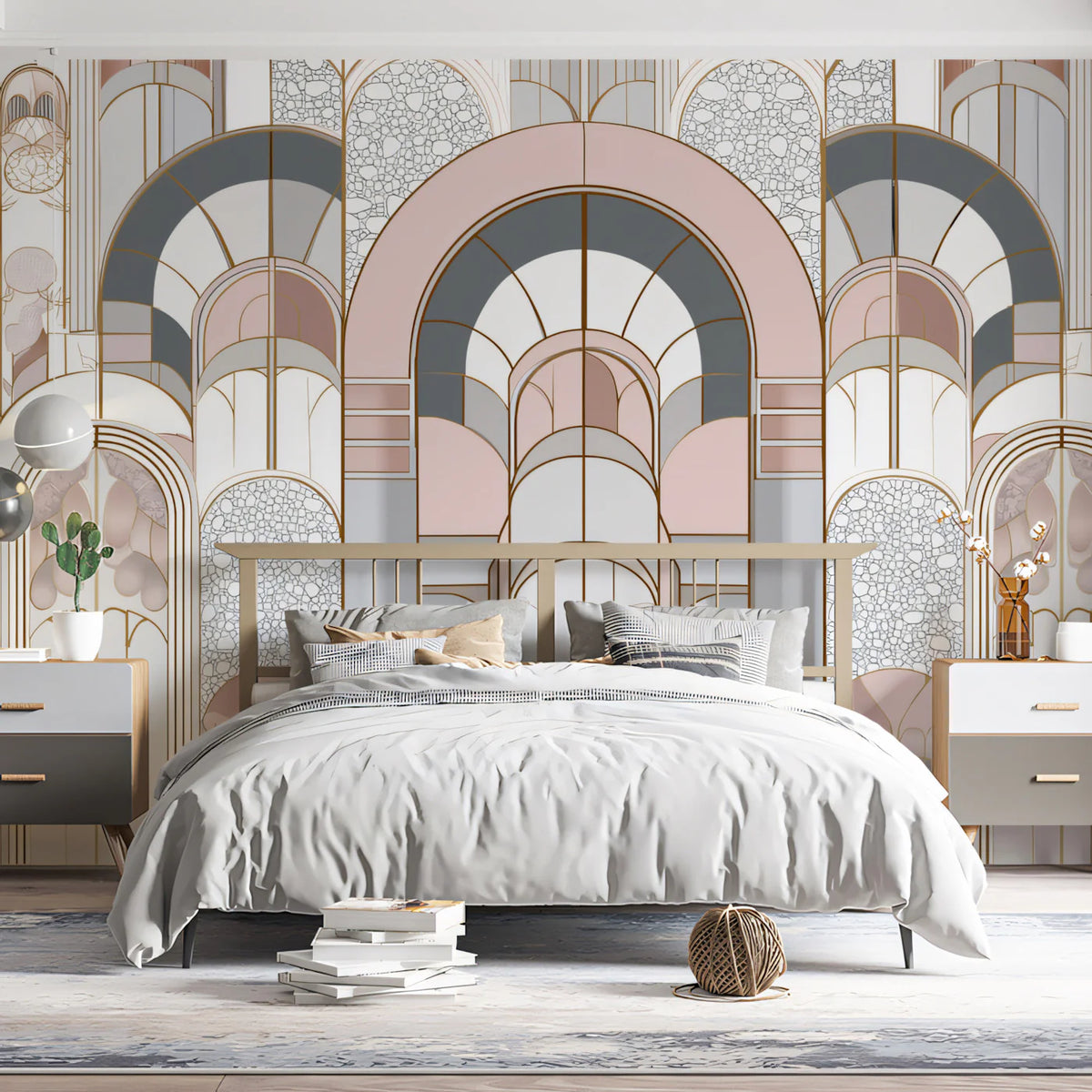 Art Deco Arch Mural Wallpaper — Dusty Rose and Slate Grey Mural Wallpaper - room preview 02