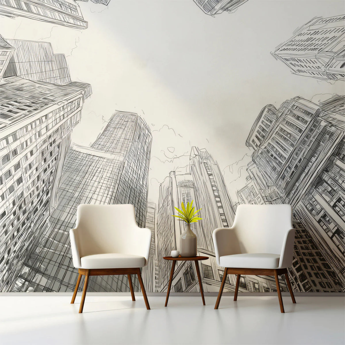 Metropolis Sketch Mural Wallpaper —Architectural Worm's-Eye View Mural Wallpaper - room preview 02