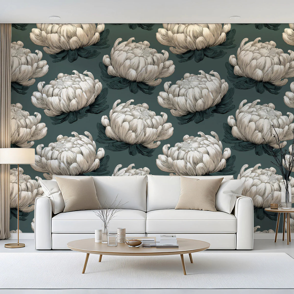 Vintage Chrysanthemum Mural Wallpaper — Botanical Dark Academia Mural Wallpaper - room preview 02