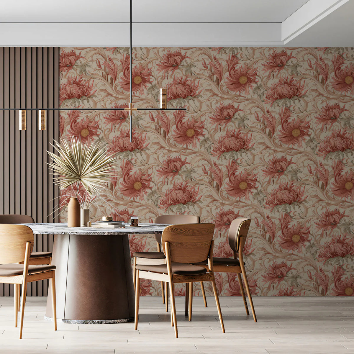 Victorian Botanical Mural Wallpaper in Muted Coral and Sand Mural Wallpaper - room preview 02