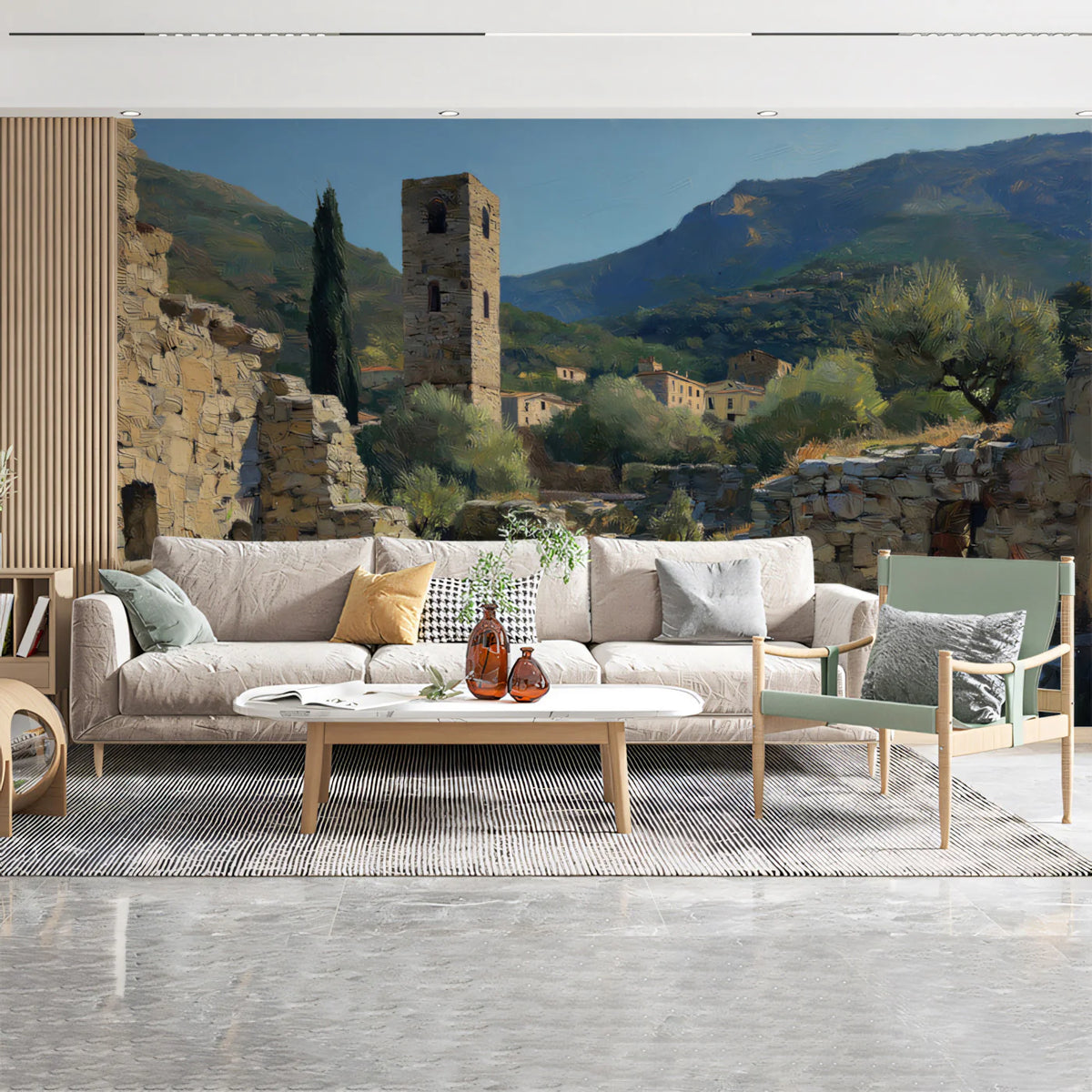 Mediterranean Stone Ruin Mural Wallpaper — Artistic Oil Painting Mural Wallpaper - room preview 02