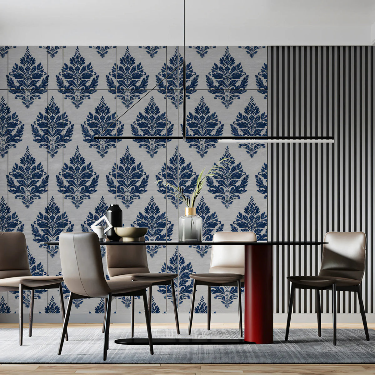 Navy Damask Crest Mural Wallpaper — Traditional Ornate Pattern Mural Wallpaper - room preview 02