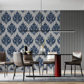 Navy Damask Crest Mural Wallpaper — Traditional Ornate Pattern Mural Wallpaper - room preview 02
