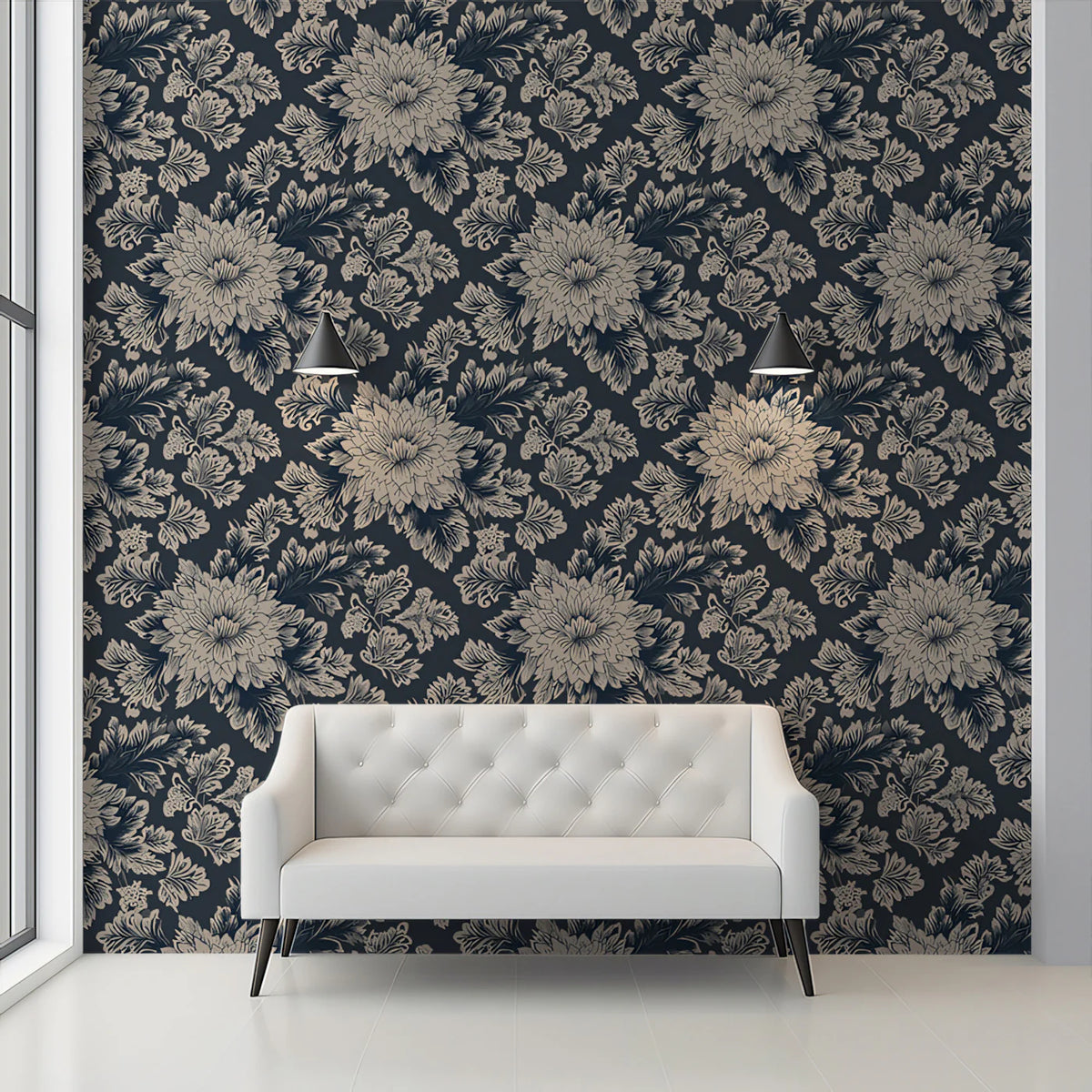 Vintage Peony Floral Mural Wallpaper in Navy and Beige Mural Wallpaper - room preview 02