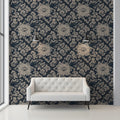 Vintage Peony Floral Mural Wallpaper in Navy and Beige Mural Wallpaper - room preview 02