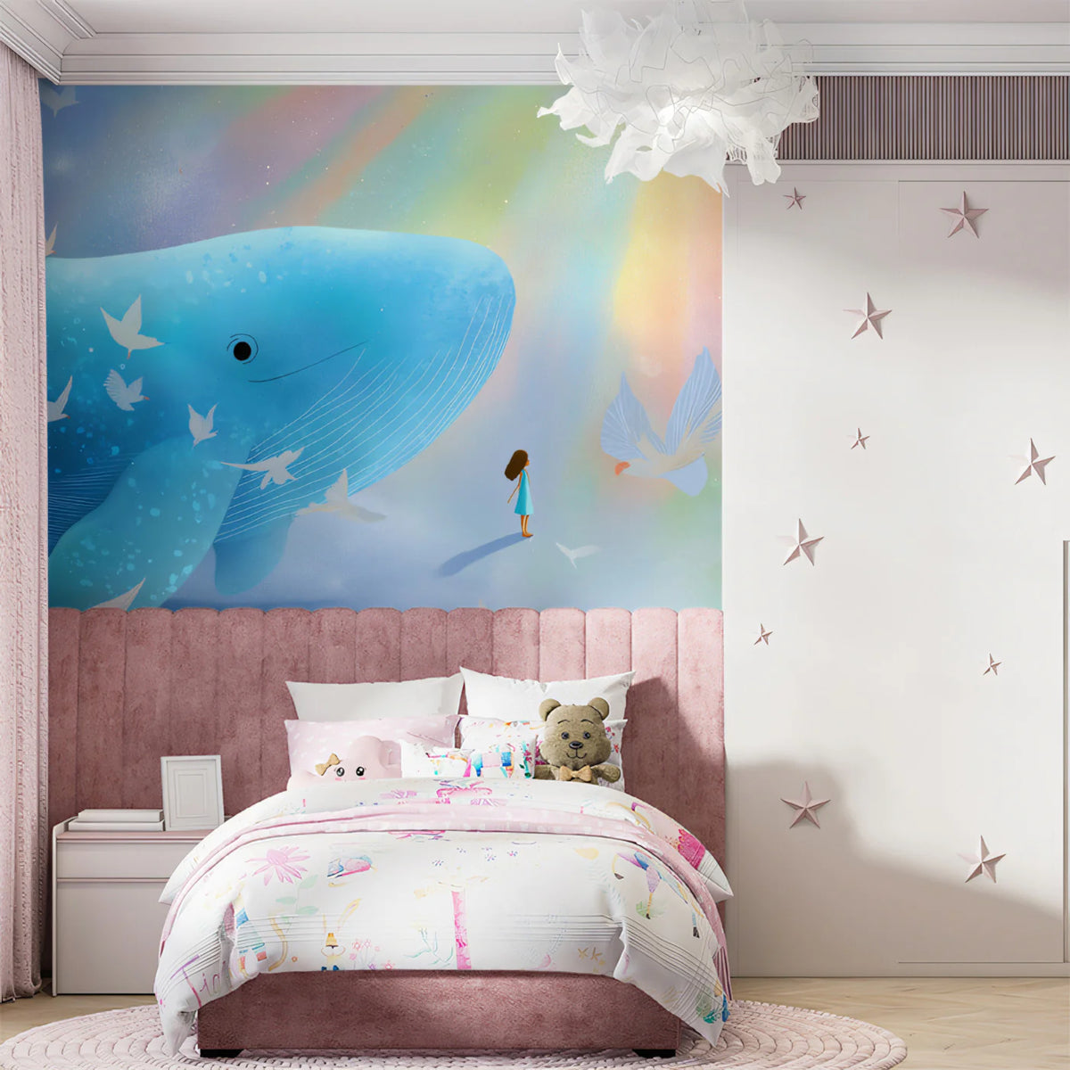 Dreamy Whale and Flying Birds Mural Wallpaper — Whimsical Illustration Mural Wallpaper - room preview 02