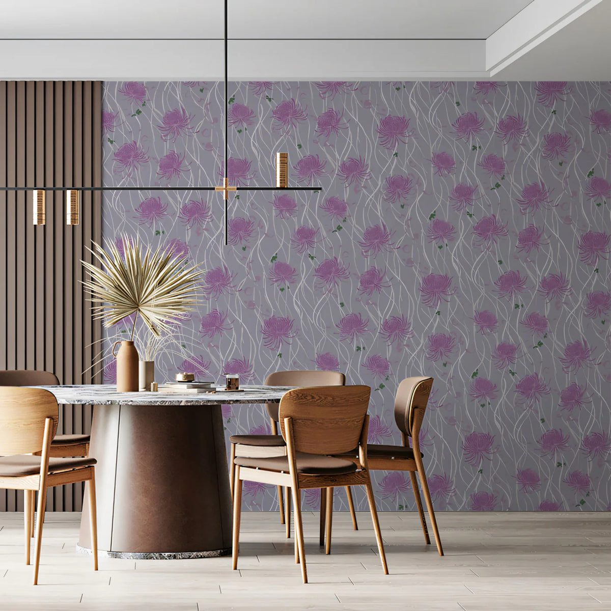Floating Chrysanthemum Mural Wallpaper — Soft Violet Floral Mural Wallpaper - room preview 02