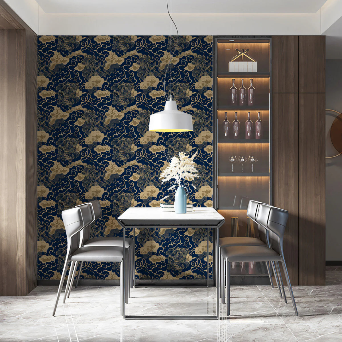 Oriental Cloud Mural Wallpaper in Navy and Gold Mural Wallpaper - room preview 02