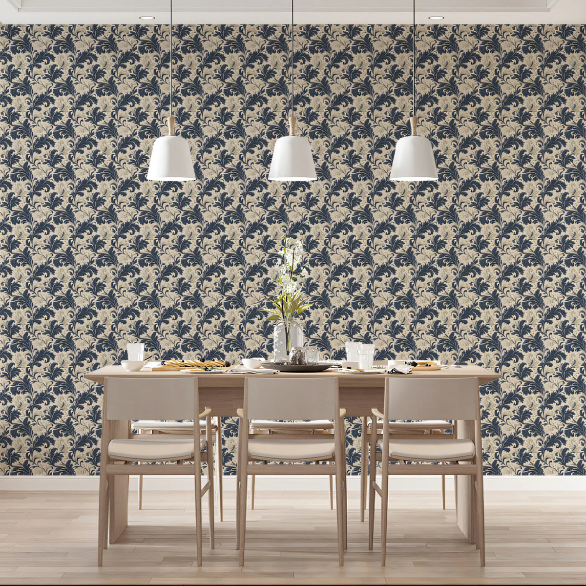 Vintage Filigree Mural Wallpaper — Navy and Cream Botanical Print Mural Wallpaper - room preview 02