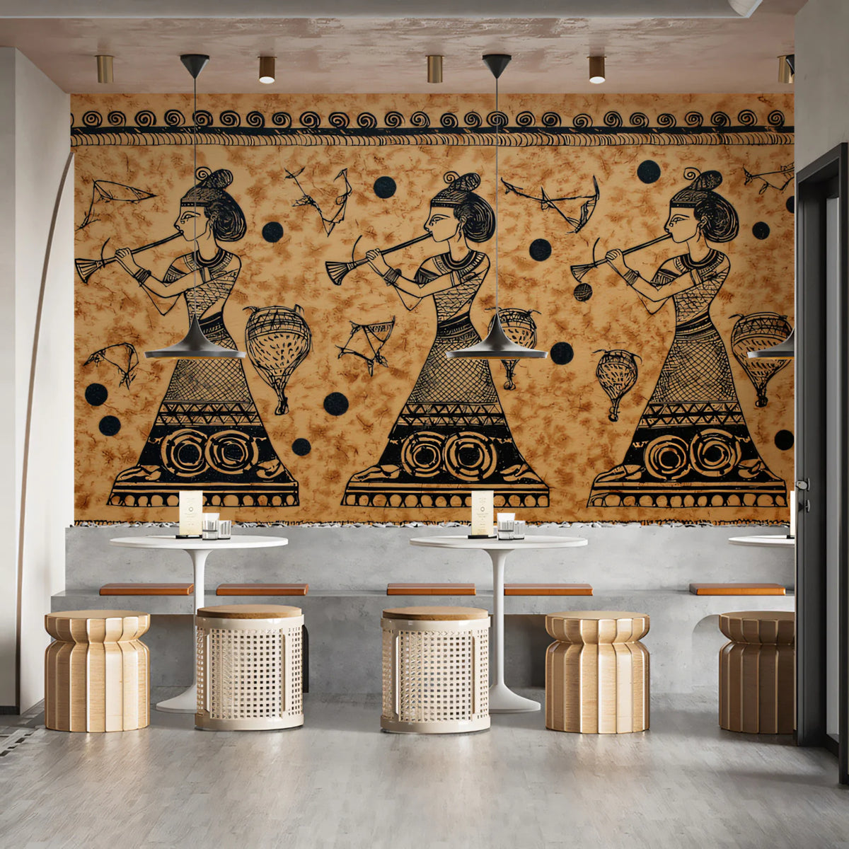 Ancient Art Mural Wallpaper Flute Players Illustration Mural Wallpaper - room preview 02