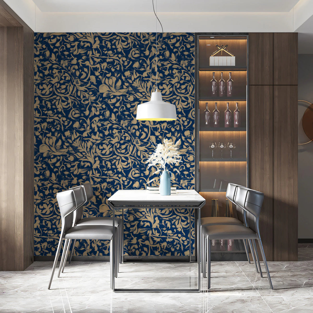 Baroque Scroll Mural Wallpaper Navy & Gold Filigree Mural Wallpaper - room preview 02