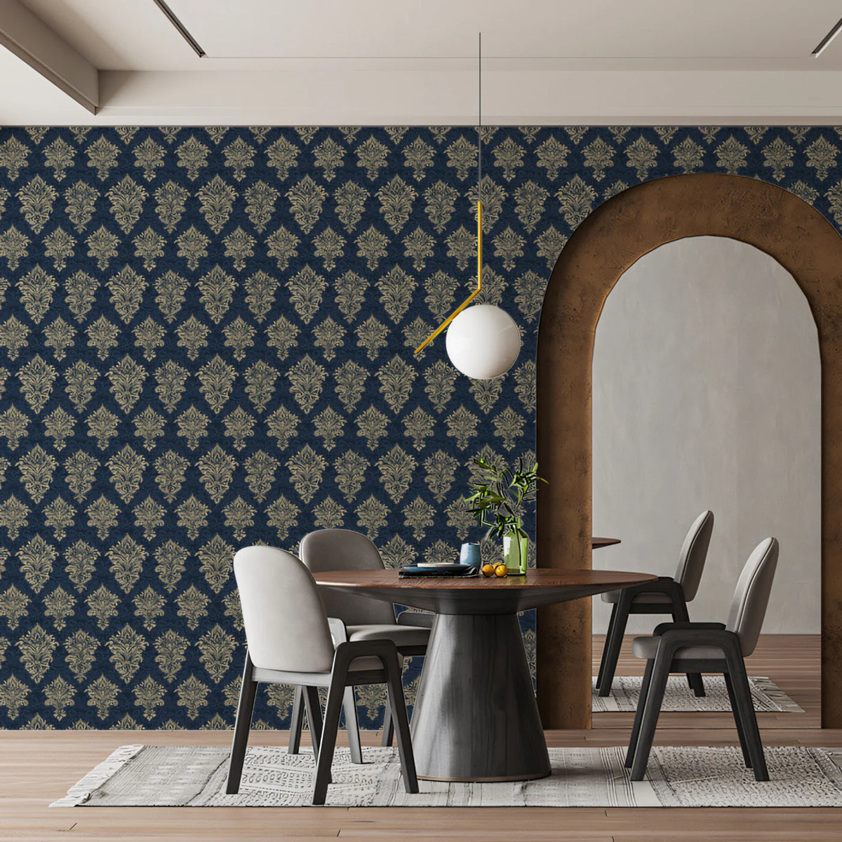 Traditional Fleur-de-lis Crest Mural Wallpaper in Navy and Gold Mural Wallpaper - room preview 02