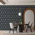 Traditional Fleur-de-lis Crest Mural Wallpaper in Navy and Gold Mural Wallpaper - room preview 02