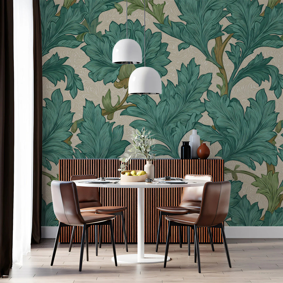 Acanthus Leaf Mural Wallpaper in Sage and Ochre Mural Wallpaper - room preview 02