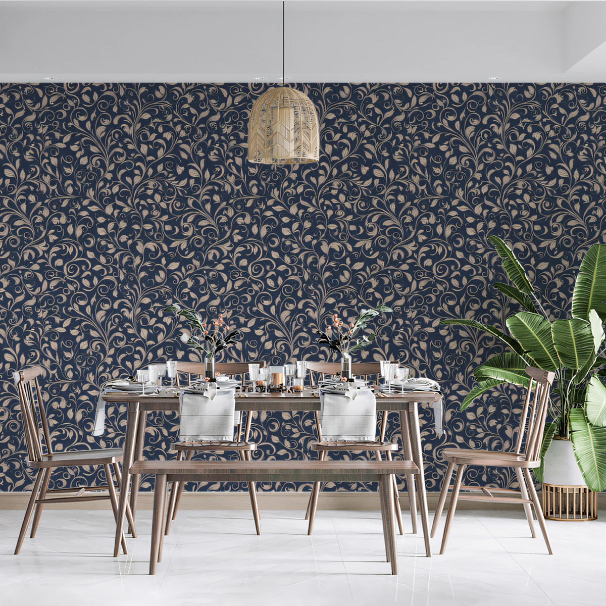 Intricate Filigree Mural Wallpaper — Navy and Beige Vine Repeat Mural Wallpaper - room preview 02