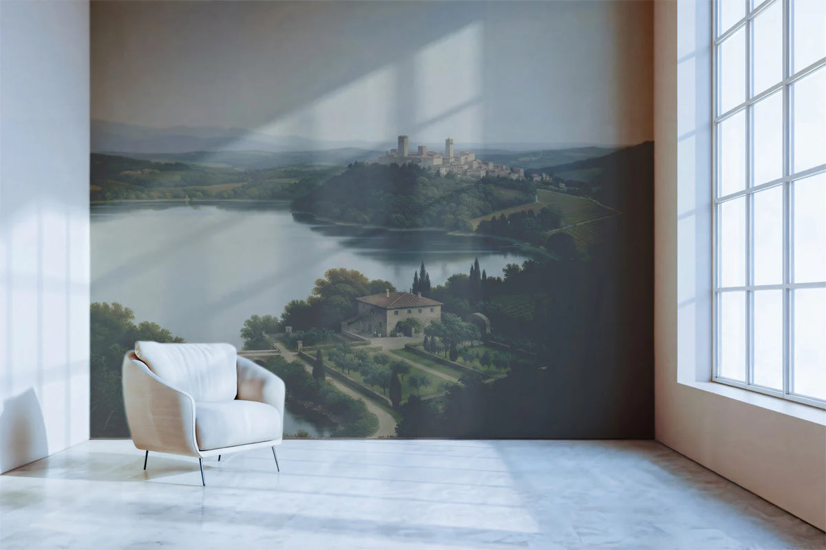 Tuscan Lake Landscape Mural Wallpaper — Classic Oil Painting Art Mural Wallpaper - room preview 02