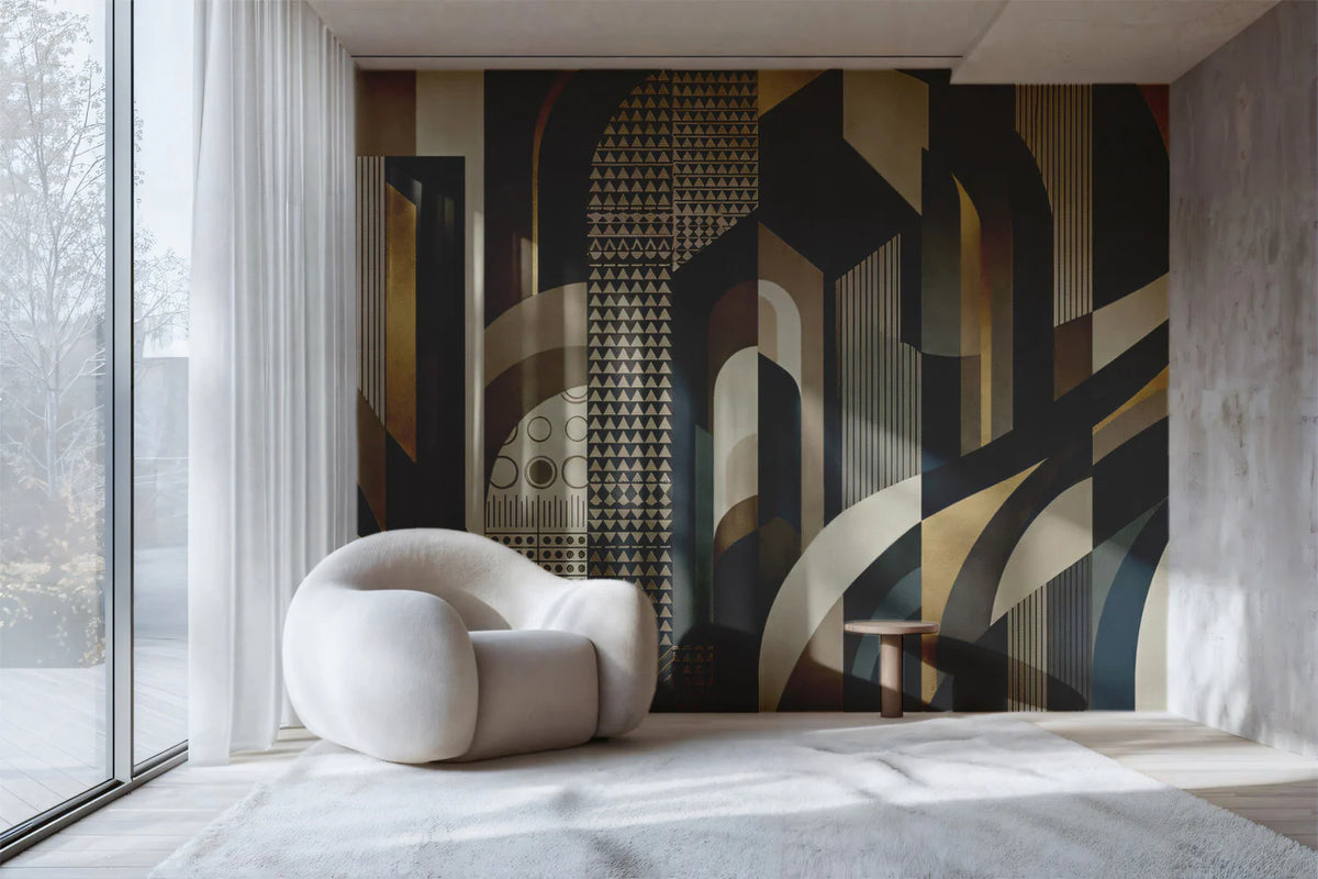 Art Deco Geometric Mural Wallpaper — Architectural Gold and Charcoal Mural Wallpaper - room preview 02