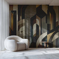 Art Deco Geometric Mural Wallpaper — Architectural Gold and Charcoal Mural Wallpaper - room preview 02