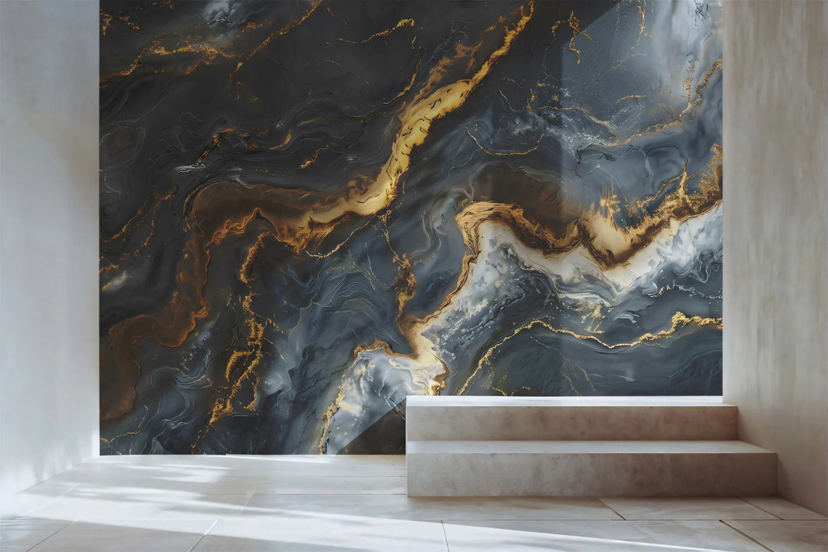 Obsidian and Gold Marble Mural Wallpaper — Contemporary Luxury Mural Wallpaper - room preview 02