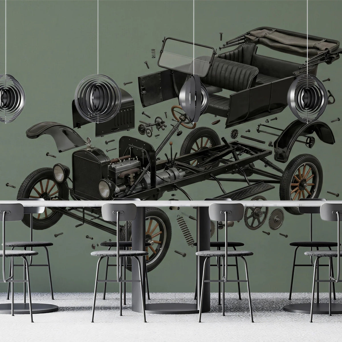 Vintage Car Exploded View Mural Wallpaper — Industrial Technical Art Mural Wallpaper - room preview 02