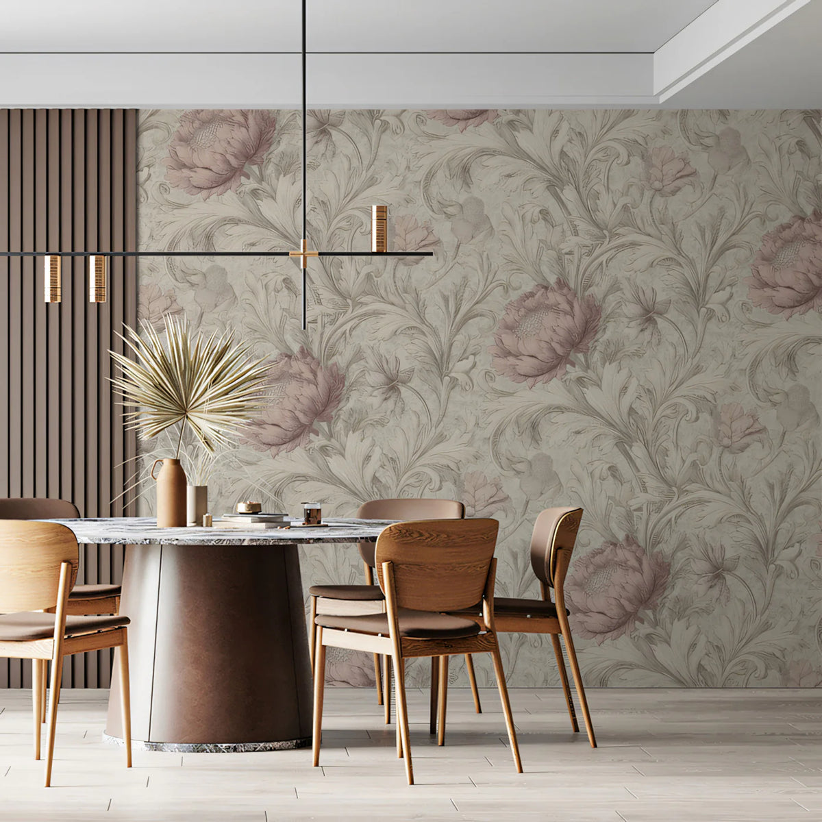 Vintage Peony and Acanthus Leaf Mural Wallpaper — Floral Heritage Mural Wallpaper - room preview 02