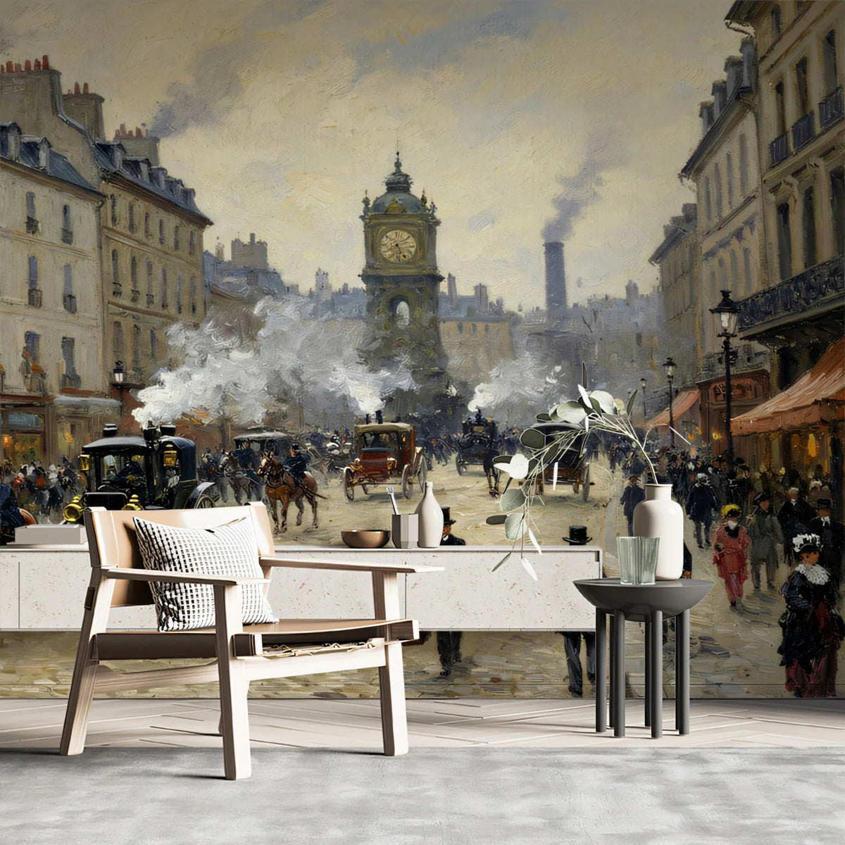 Impressionist Paris Street Mural Wallpaper — Vintage City Scene Mural Wallpaper - room preview 02