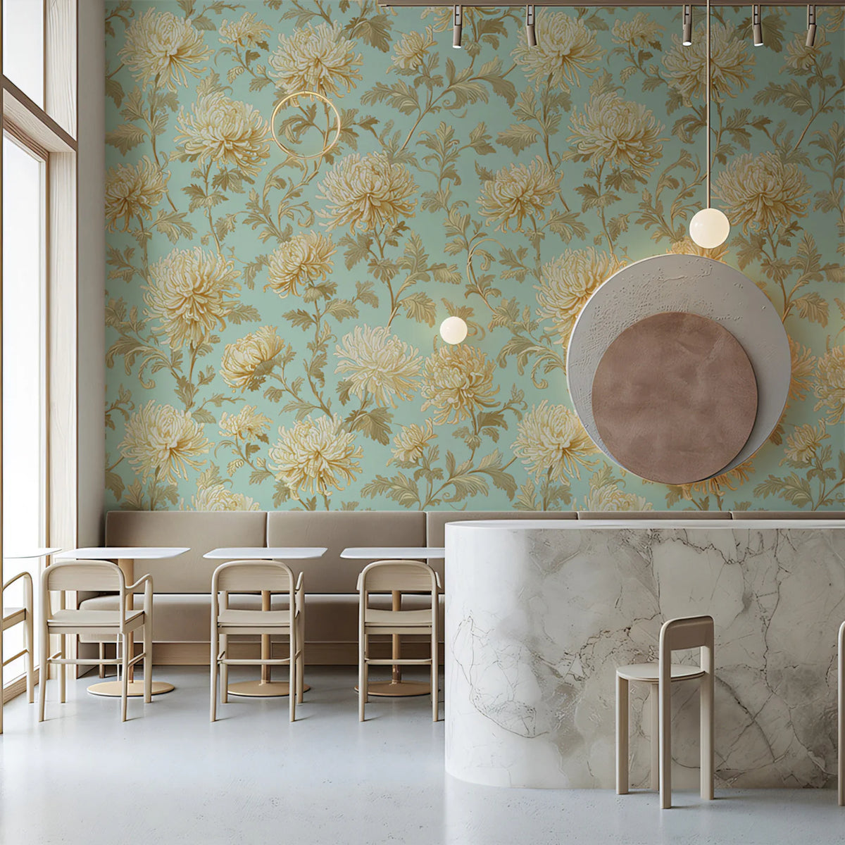 Vintage Chrysanthemum Floral Mural Wallpaper in Mint Green Mural Wallpaper - room preview 02