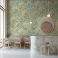 Vintage Chrysanthemum Floral Mural Wallpaper in Mint Green Mural Wallpaper - room preview 02