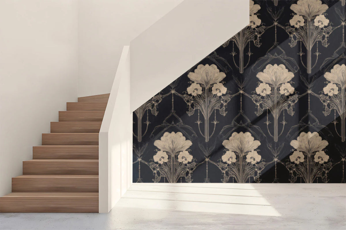 Art Nouveau Lily Mural Wallpaper — Vintage Navy and Cream Floral Mural Wallpaper - room preview 02