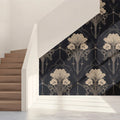 Art Nouveau Lily Mural Wallpaper — Vintage Navy and Cream Floral Mural Wallpaper - room preview 02