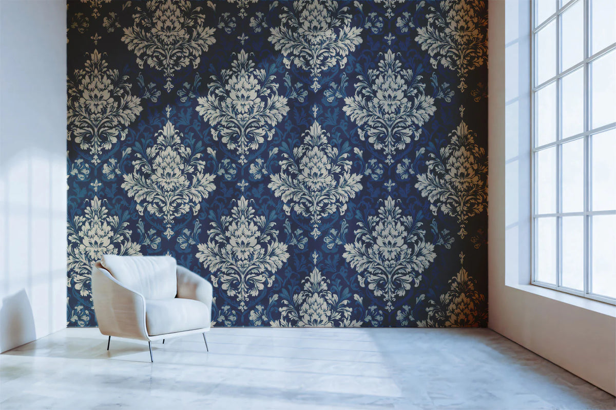 Navy Blue Damask Mural Wallpaper — Ornate Victorian Wall Decor Mural Wallpaper - room preview 02