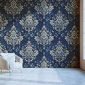Navy Blue Damask Mural Wallpaper — Ornate Victorian Wall Decor Mural Wallpaper - room preview 02