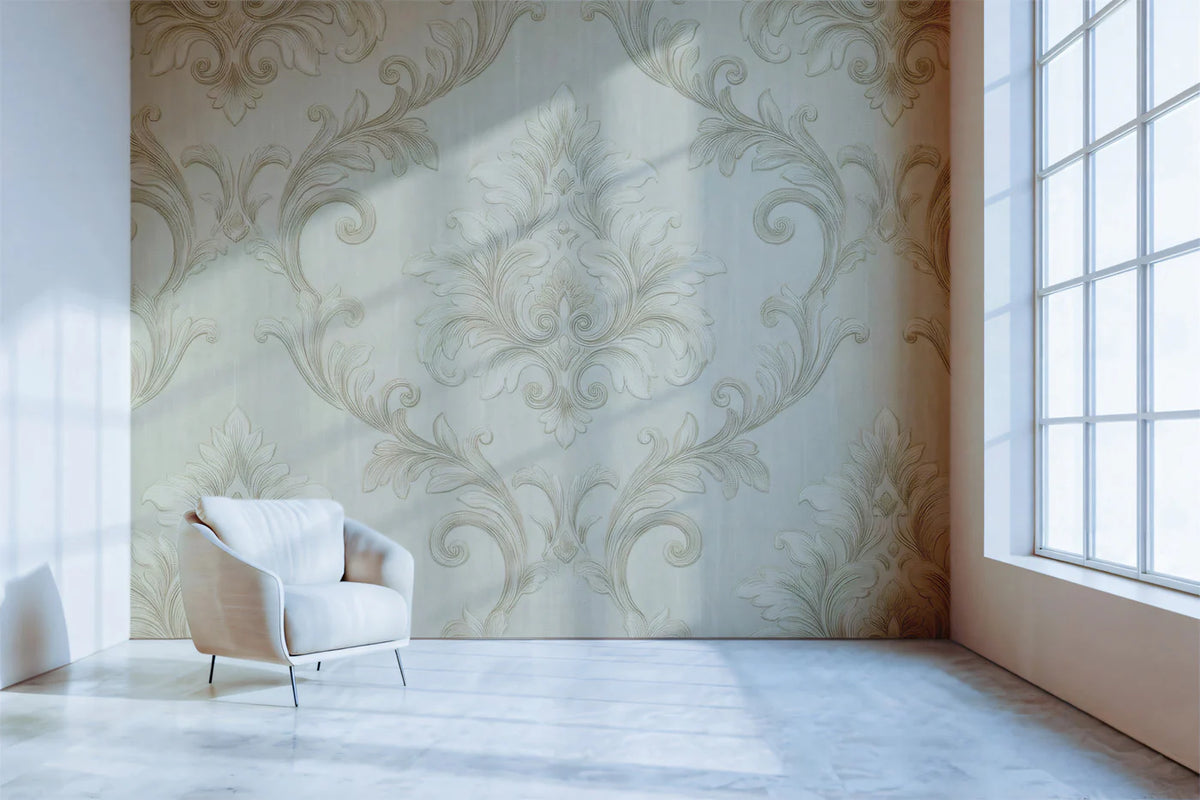 Neutral Damask Mural Wallpaper — Classic Symmetrical Pattern Mural Wallpaper - room preview 02