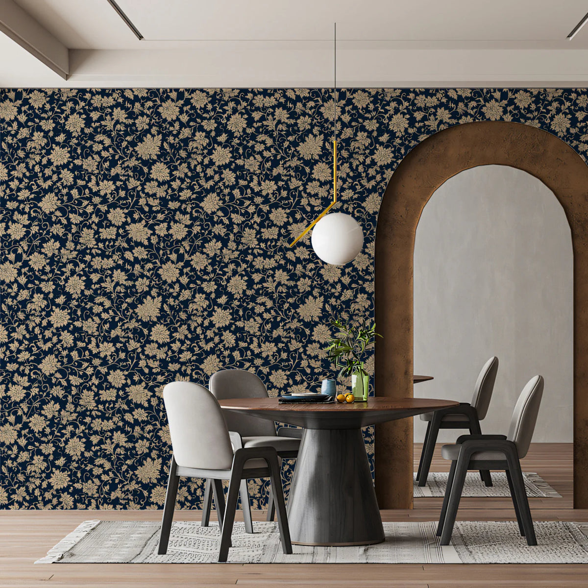 Dense Floral Vine Mural Wallpaper — Vintage Navy and Cream Design Mural Wallpaper - room preview 02