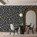 Dense Floral Vine Mural Wallpaper — Vintage Navy and Cream Design Mural Wallpaper - room preview 02