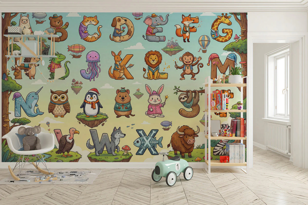 Animal Alphabet Whimsical Mural Wallpaper — Colorful Learning Decor Mural Wallpaper - room preview 02